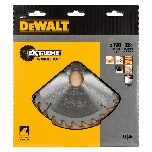 DEWALT DT4033 Extreme Workshop circular saw blade in packaging, showing a 190mm diameter, 28 teeth, suitable for cutting wood materials, with features such as long life and precision tech.