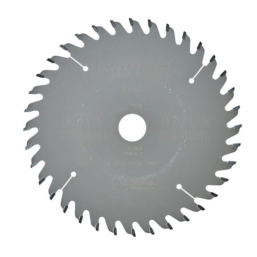 DEWALT DT4057 circular saw blade with sharp teeth for cutting wood, shown on a white background.