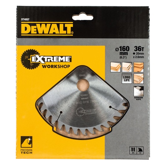 DEWALT DT4057 Extreme Workshop saw blade, 160mm diameter, 36 teeth, for woodworking, in retail packaging.