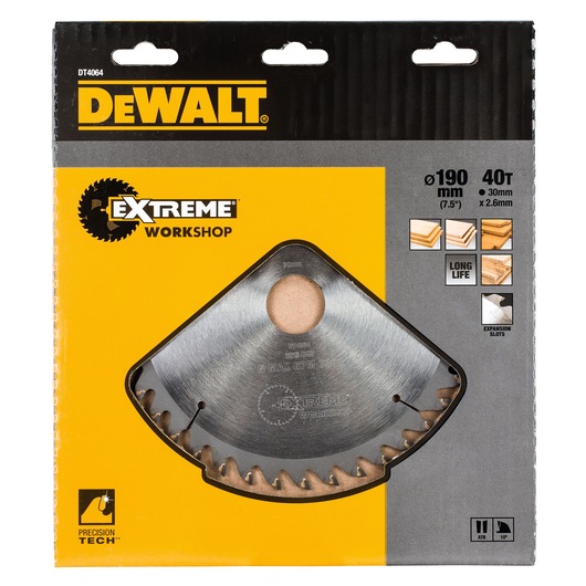DEWALT DT4064 circular saw blade in packaging, 190mm, 40 teeth, for wood cutting, workshop, marked Extreme.