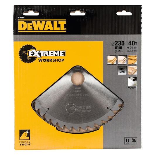 DEWALT Extreme Workshop 235mm 40T circular saw blade in packaging.