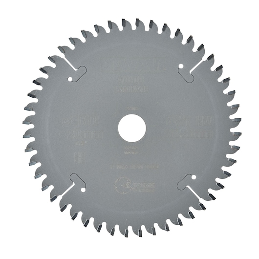 DEWALT DT4084 circular saw blade for wood and laminate, with sharp teeth and a central hole.