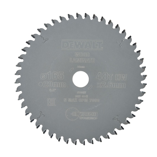 A circular DEWALT saw blade, model DT4087, designed for wood and laminate. The blade has 48 teeth and specifications include 165mm diameter, 20mm bore, and a maximum RPM of 7000.