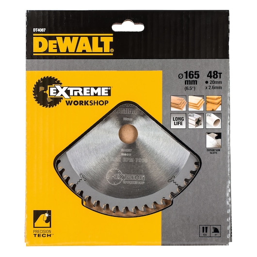 Packaged DEWALT DT4087 Extreme Workshop circular saw blade with 48 teeth, 165 mm diameter, and 20 mm bore. Packaging highlights compatibility with wood, laminate, aluminum, and PVC, long life, and precision tech.