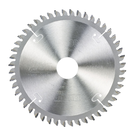 DEWALT DT4088 circular saw blade for wood, with 48 teeth, central hole, silver color, workshop accessory.
