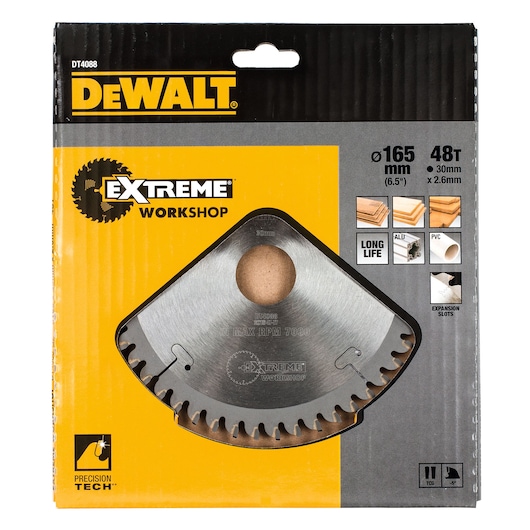 DEWALT DT4088 Extreme Workshop saw blade, 165mm, 48 teeth, for wood, aluminium, PVC, with precision tech packaging.