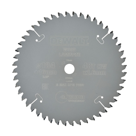 DEWALT DT4092 circular saw blade for wood/laminate with 48 teeth and 184mm diameter.