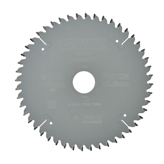 DEWALT DT4094 circular saw blade for wood laminate, 48 teeth, 190mm diameter.