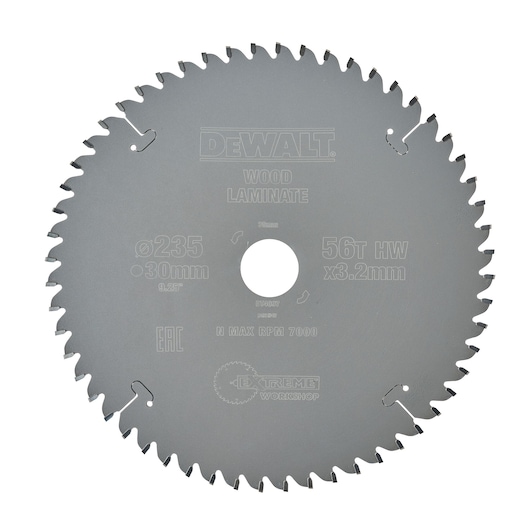 DEWALT circular saw blade for wood and laminate, 235mm diameter, 56 teeth, DT4097 model.