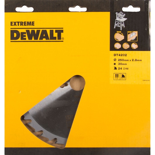 DEWALT DT4202 circular saw blade for wood, 250mm diameter, 24 teeth, packaged in yellow box.
