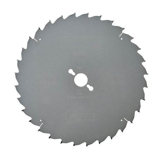 A circular saw blade for wood cutting from DEWALT, model DT4210, with 305mm diameter, 30mm arbor, and 32 teeth.