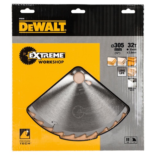 DEWALT Extreme Workshop circular saw blade, 305 mm (12 inches) diameter, 32 teeth, 30 mm bore, packaged in branded yellow and black packaging with product details and wood cutting icons.