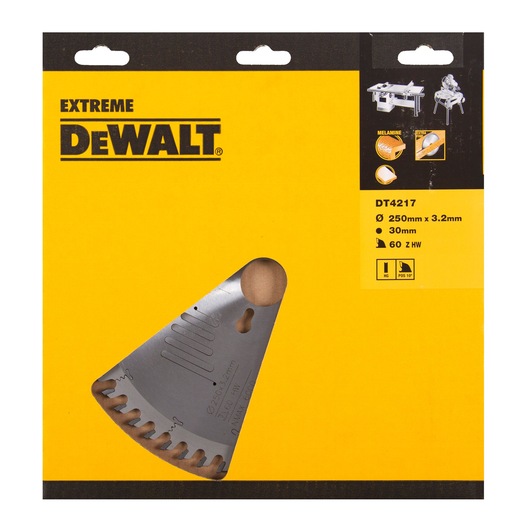 DEWALT DT4217 saw blade in yellow packaging, details for melamine cutting, 250mm, 60 teeth.