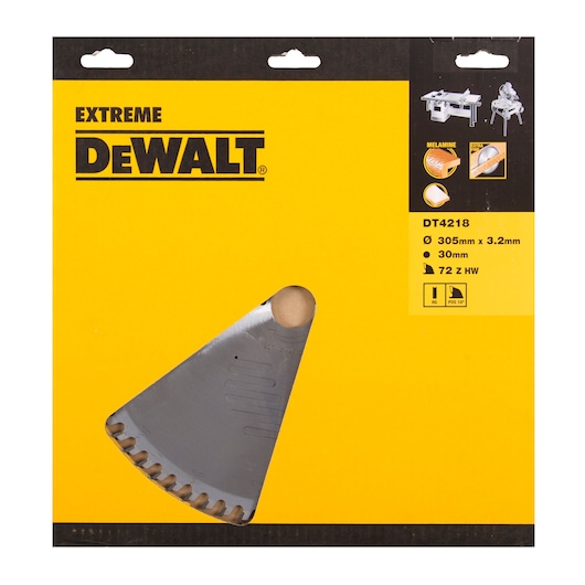 DEWALT DT4218 Extreme saw blade in yellow and black packaging, showing specifications such as 305mm x 3.2mm, 30mm bore, 72 teeth HW, and suitable for cutting melamine and for table saws.
