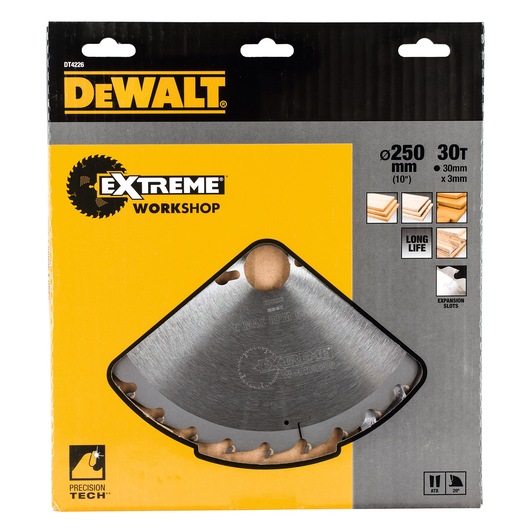 DEWALT DT4226 saw blade in branded packaging, labeled Extreme Workshop, for wood cutting, 250mm, 30 teeth.
