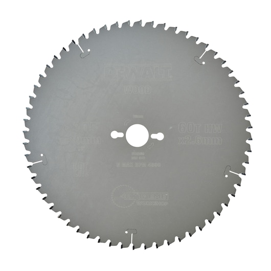 A circular saw blade for wood, branded DEWALT, featuring 60 teeth. The blade is marked with specifications including a diameter of 305 mm and a thickness of 2.6 mm.