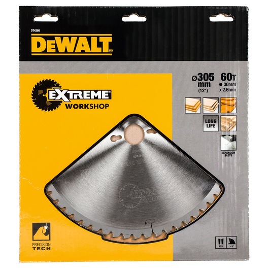 DEWALT Extreme Workshop circular saw blade in its packaging, featuring details such as 305 mm diameter, 60 teeth, precision technology, and suitable for cutting wood and wood-based materials. The packaging is yellow and black with product and feature icons.