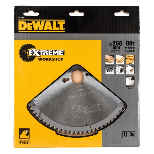 DEWALT DT4280 Extreme Workshop 260mm 80T saw blade in retail packaging for wood, aluminum, and PVC cutting.