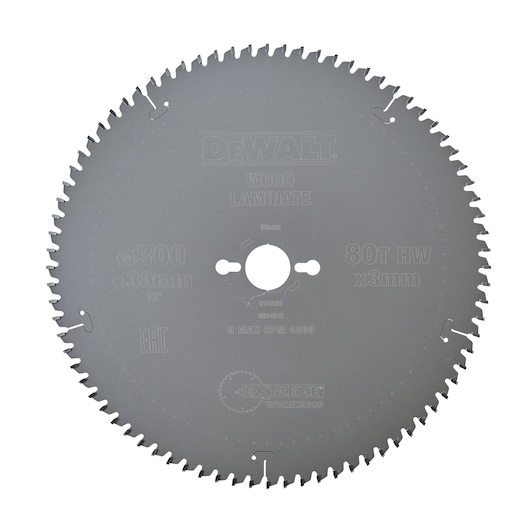 A close-up image of a DEWALT circular saw blade for wood laminate, model DT4281, with 80 teeth and a diameter of 300mm.