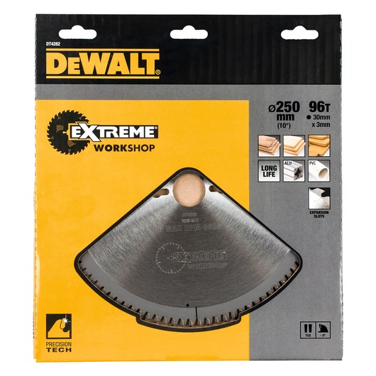 Front view of a DEWALT DT4282 Extreme Workshop circular saw blade in its packaging. The packaging is yellow and grey with DEWALT branding at the top and details about the blade, including a diameter of 250 mm, 96 teeth, and compatibility with materials like wood, aluminum, and PVC.