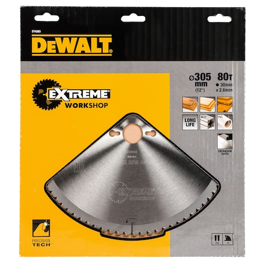 DEWALT DT4283 circular saw blade, 305mm, 80 teeth, for wood and PVC, in Extreme Workshop packaging.
