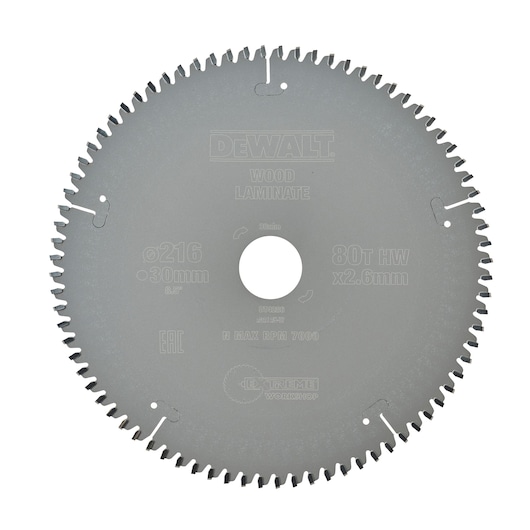 A DEWALT circular saw blade for wood and laminate, model DT4286, featuring 80 teeth and a diameter of 216 mm. The blade is grey and has detailed technical markings.