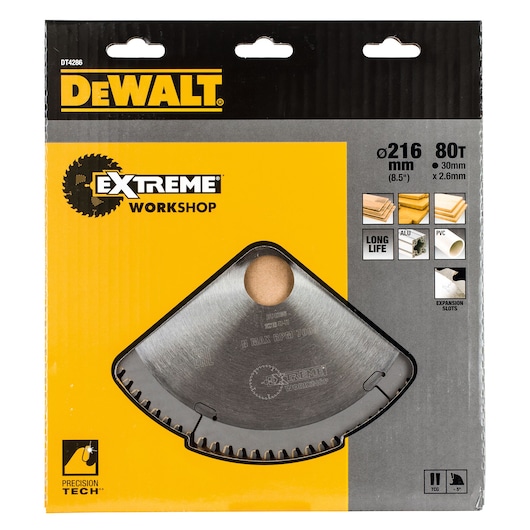 DEWALT DT4286 Extreme Workshop saw blade, 216mm, 80T, for wood, aluminium, and PVC, in yellow and black packaging.