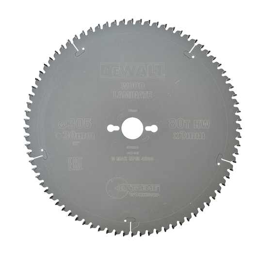 DEWALT DT4288 circular saw blade for wood laminate, 305mm diameter, 80 teeth, gray metal.