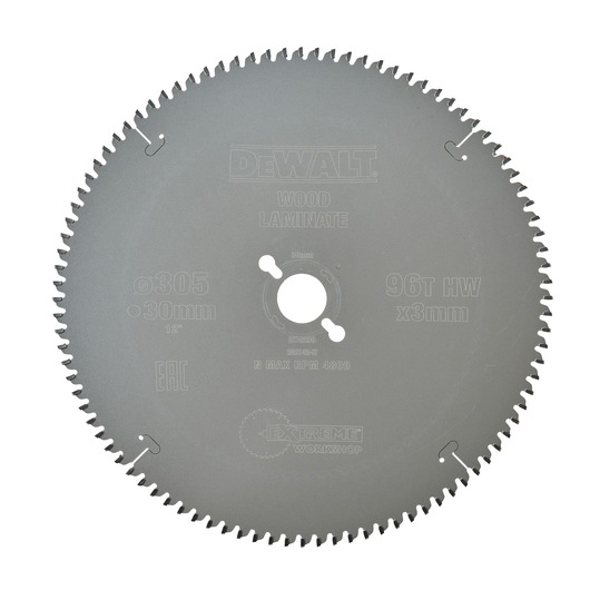 DEWALT DT4290 circular saw blade for wood and laminate, 305mm diameter, 30mm arbor, 96 teeth, HW material, for workshop use.