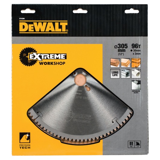 DEWALT DT4290 Extreme Workshop saw blade in retail packaging. The blade is silver with sharp teeth and is designed for precise wood and PVC cutting. Packaging highlights product specifications: 305 mm diameter, 96 teeth, 30 mm x 3 mm. Includes icons for long life, expansion slots, and suitable materials.