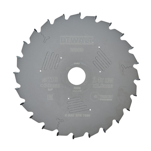 DEWALT DT4310 circular saw blade for wood, 216mm diameter, 24 teeth, workshop accessory.