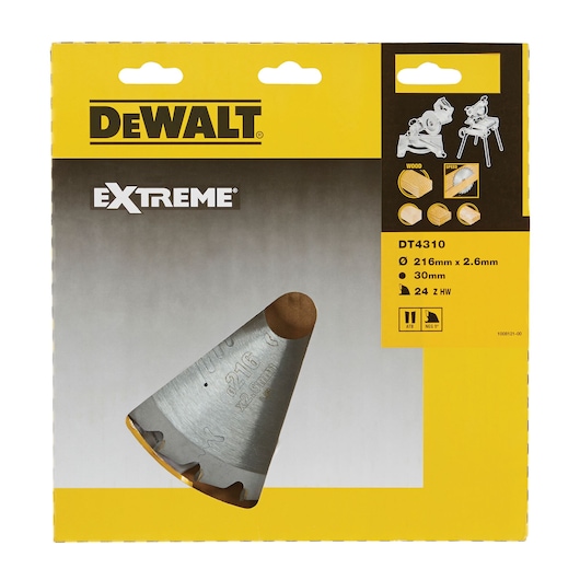 DEWALT DT4310 saw blade packaging, showing blade size and features for cutting wood at high speed.