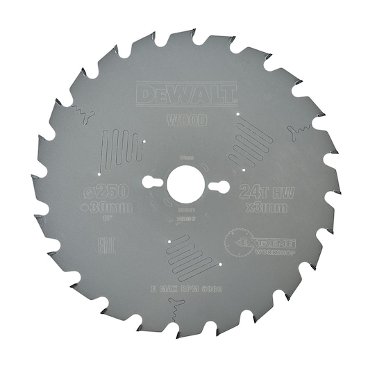 DEWALT DT4311 circular saw blade for wood, 24 teeth, 250mm diameter, intended for cutting in workshops.