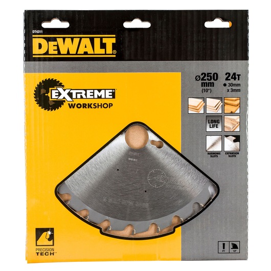 DEWALT DT4311 Extreme Workshop circular saw blade in retail packaging. Packaging highlights specifications such as 250 mm diameter, 24 teeth, and compatibility for cutting wood materials. Includes features like long life, harmonic slots, and expansion slots. Blade is partially visible through a clear window.