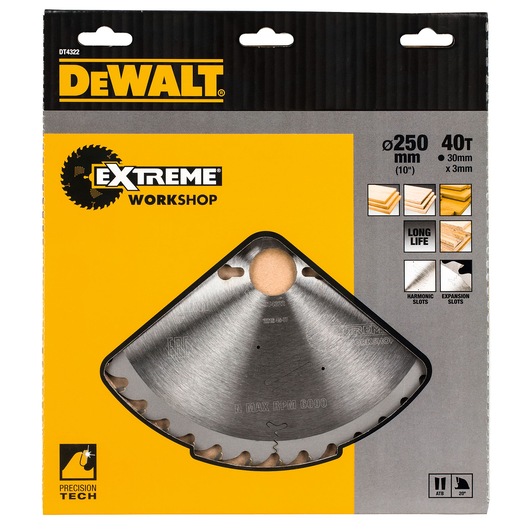 DEWALT DT4322 Extreme Workshop saw blade, 250mm, 40 teeth, in packaging with product features shown.
