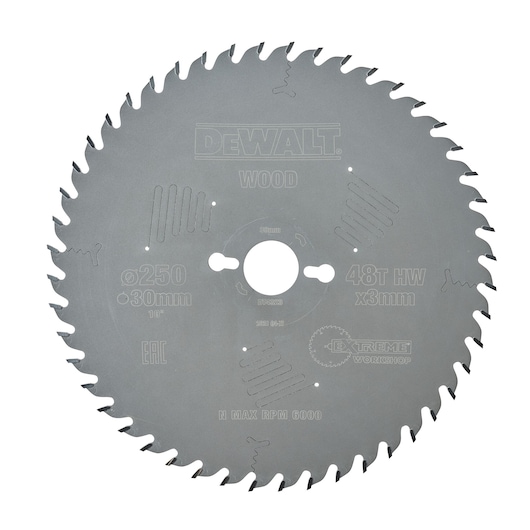 DEWALT DT4323 circular saw blade for wood, 250mm diameter, 30mm bore, 48 teeth, suitable for woodworking tasks.