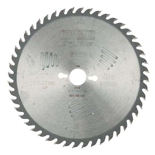A DEWALT Extreme circular saw blade designed for wood, featuring 48 teeth, a diameter of 250 mm, and a 30 mm arbor hole.