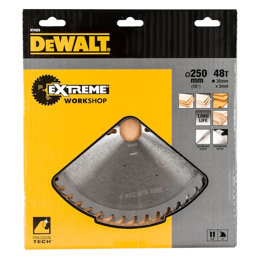 DEWALT DT4323 Extreme Workshop saw blade for wood, 250mm, 48 teeth, packaged in yellow and black box.