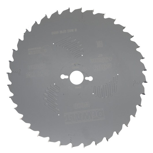 A DEWALT circular saw blade for woodworking, model DT4330, featuring sharp teeth and precision slots for cutting efficiency. The blade is metallic and round, designed for professional use.