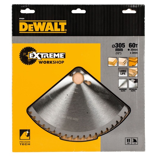 DEWALT DT4331 saw blade in packaging, Extreme Workshop, 305mm, 60 teeth, suitable for wood, long life.
