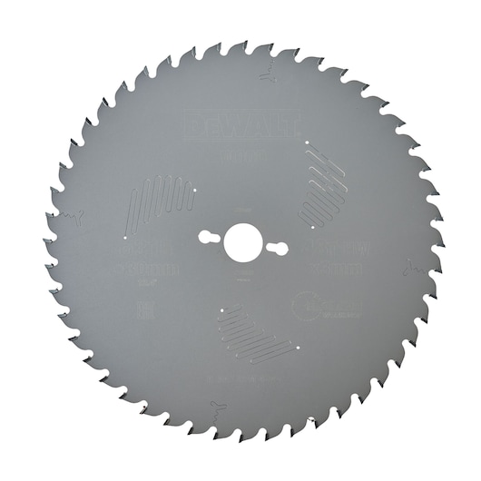 DEWALT DT4332 circular saw blade for wood, made of metal, featuring sharp teeth around the edge and three expansion slots for stability.