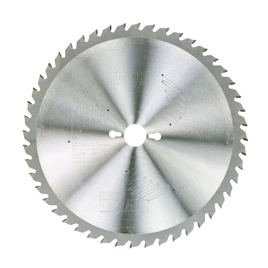 A DEWALT DT4340 circular saw blade for woodworking, showing a metallic disc with sharp teeth around the edge and engraved specifications on the surface.
