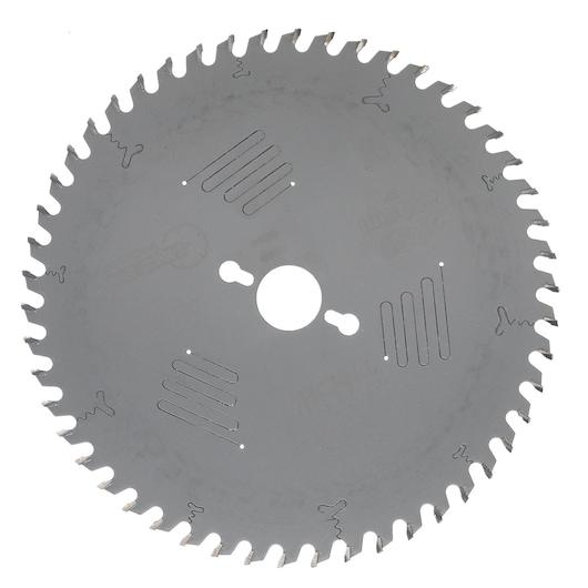 Circular saw blade with teeth and ventilation slots, shown against a white background.
