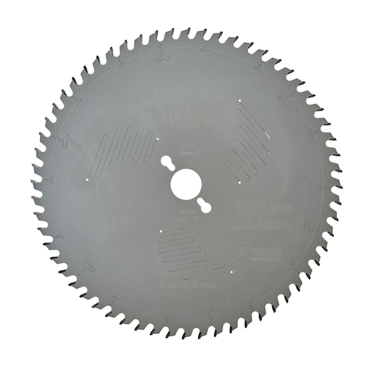 A DEWALT DT4346 circular saw blade with 60 teeth and precision cut slots. The blade is metallic, with detailed engravings indicating specifications such as 305 mm diameter, 30 mm arbor, and 3.2 mm thickness.