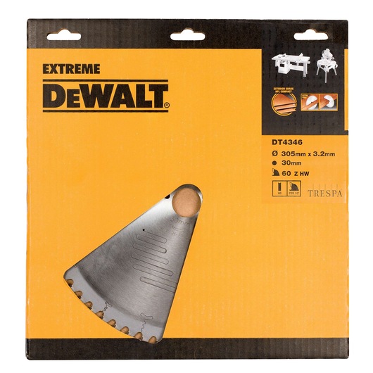 DEWALT Extreme DT4346 circular saw blade in packaging, showing blade partially visible. The box is yellow and black with product specifications: 305mm x 3.2mm diameter, 30mm bore, 60 tooth HW blade. Suitable for cutting materials on table saws and mitre saws.