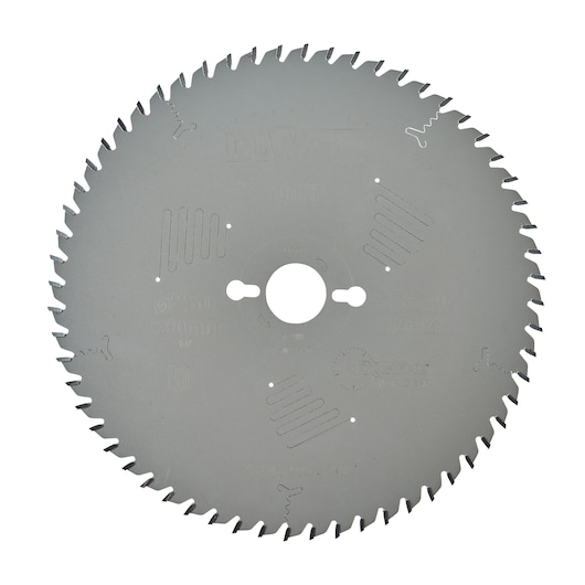 A DEWALT circular saw blade, silver colored, with multiple teeth around the edge and laser-cut markings on the surface. The blade is designed for cutting wood.