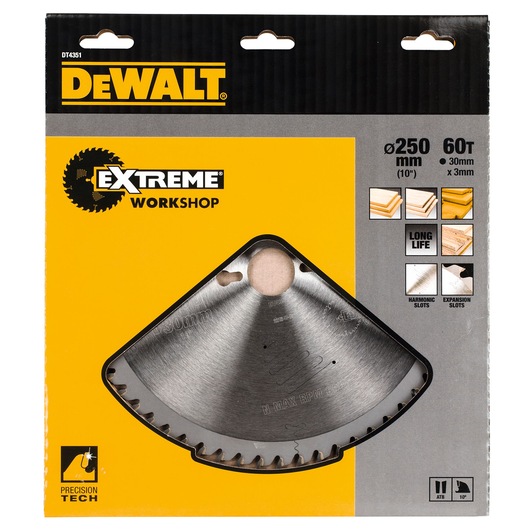 DEWALT DT4351 saw blade for woodworking, 250mm, 60 teeth, packaged with Extreme Workshop label.