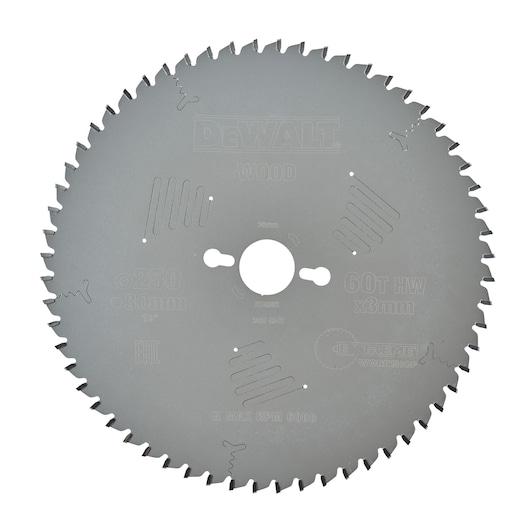 Circular saw blade for wood cutting, DEWALT brand, model DT4352, 250mm diameter with 60 teeth and 30mm center hole.