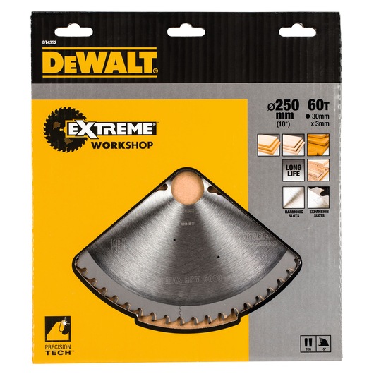DEWALT DT4352 Extreme Workshop saw blade, 250mm, 60 teeth, in yellow-black packaging for wood cutting.