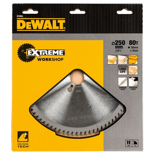 DEWALT DT4353 Extreme Workshop circular saw blade in retail packaging. The blade is 250 mm in diameter with 80 teeth, and is designed for precise woodworking tasks. Key features such as long life, harmonic slots, and expansion slots are listed on the packaging.